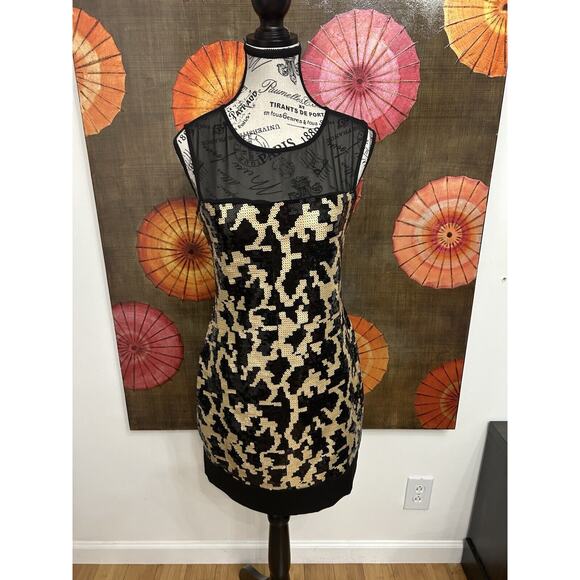 Max and Cleo Sequins Gold & Black Sheath Dress Red Carpet Hollywood Glam Sz 4 - Picture 1 of 7